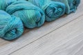 Several skeins of blue wool yarn