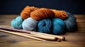 several skeins of yarn next to a knitting needle. generative ai Royalty Free Stock Photo