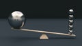 Several small metal balls of small diameter outweigh one large ball on a swing. 3D rendering. Minimalism. Abstraction.