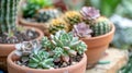 Several small plant pots in a varied garden Royalty Free Stock Photo