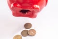 Several small Russian coins fell out of an open piggy bank. The concept of impoverishment of citizens, the decline of Royalty Free Stock Photo
