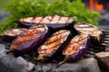 several smoked eggplants on a cooking stone