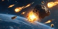 Several spaceships are launching nuclear missiles at a large asteroid approaching earth, causing explosions and breaking it into Royalty Free Stock Photo