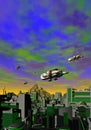 Several spaceships over a futuristic city