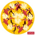 Several spanish couples in national costumes dancing flamenco on a round yellow background in the vector