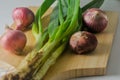 Several stems of onion plants and several whole red onions Royalty Free Stock Photo