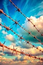 Multiple Strands of Barbed Wire Against a Dynamic Sunset Sky with Clouds fence Royalty Free Stock Photo