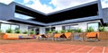 Several sun loungers on the wooden flooring in the yard of the suburban elite house. 3d rendering