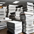 Tall stacks of paper documents in the office - ai generated image