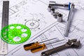 Several Technical engineering drawings, which show mechanical parts engineering components and assemblies for their manufacture in Royalty Free Stock Photo