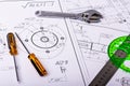 Several Technical engineering drawings, which show mechanical parts engineering components and assemblies for their manufacture in Royalty Free Stock Photo