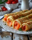 Several thin pancakes stuffed with salted salmon, close up white plate on rustic style wooden background, treats for Royalty Free Stock Photo