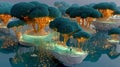 Fantasy Islands with Glowing Trees and Reflections on Water
