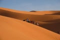 Several tourists climbing on sand dune in Sahara desert