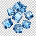 Scattered blue ice cubes with transparent background and subtle reflections frozen Royalty Free Stock Photo