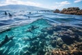 Several triangular shark fins can be seen above the water surface and several shark fish can be seen below the water surface Royalty Free Stock Photo