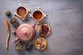 Several types of green tea, black tea, hibiscus tea and tea ceremony attributes - a ceramic teapot, cups, a strainer, chopsticks Royalty Free Stock Photo