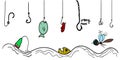 Several types of hooks for fishing hang over a wavy surface.