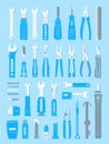 Various Hand Tools for Home Repair Projects Organized Neatly on a Light Blue Background, Featuring Wrenches, Pliers, and Royalty Free Stock Photo