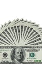 Several 100 US $ money notes spread out in fan shape Royalty Free Stock Photo