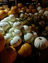 Pile of pumpkins and squash outside Safeway store in Corvallis, Oregon. Seasonal produce.