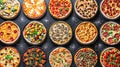 Several very small mini pizzas, symmetrical ordered food, as a template, top view Royalty Free Stock Photo