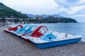 Several water bikes at Budva beach Royalty Free Stock Photo