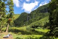 Several waterfalls that spring from the mountain and feed the lagoon, Poco da Alagoinh, Flores, Azores