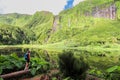 Several waterfalls that spring from the mountain and feed the lagoon, Poco da Alagoinh, Flores, Azores