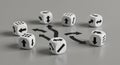 Several white dice with black arrows and dots face each side, arranged in a circle