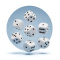 Scattered white dice with black pips arranged in a circular pattern on a light blue background Royalty Free Stock Photo
