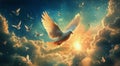 White Doves Fly Freely Through Clouds Toward Shining Sunlight in the Sky Royalty Free Stock Photo