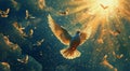 White Doves Fly Freely Through Clouds Toward Shining Sunlight in the Sky. Royalty Free Stock Photo