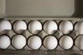 Several white eggs in an egg carton