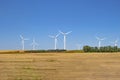 Several wind tower turbine electricity generators on a farm. Renewable energy source on a farm field Royalty Free Stock Photo