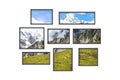 Several windows on a white wall with mountains landscape