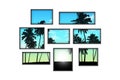 several windows on a white wall with tropical landscape at sunrise