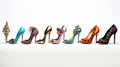 several women's high heel shoes in various sizes and designs, against a white background to evoke the idea of a Royalty Free Stock Photo