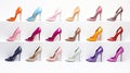 several women's high heel shoes in various sizes and designs, against a white background to evoke the idea of a Royalty Free Stock Photo