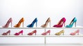 several women's high heel shoes in various sizes and designs, against a white background to evoke the idea of a Royalty Free Stock Photo