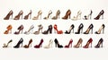 several women's high heel shoes in various sizes and designs, against a white background to evoke the idea of a Royalty Free Stock Photo
