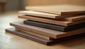 Several wood samples stacked. Different wood textures, colors are visible. This photo shows materials used in interior design, Royalty Free Stock Photo