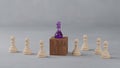 Several wooden chess pawns are surrounding another purple chess piece standing on a wooden block, a leadership concept in an