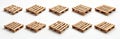Several wooden pallets arranged on plain white background. Pallets simple rectangular structures. Wood appears light brown, shows Royalty Free Stock Photo