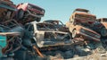 several wrecked car in junkyard