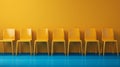 Several yellow chairs are arranged in a row against a blue background in this yellow and amber-inspired image