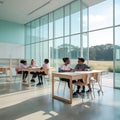 Students Studying in a Modern Classroom with Large Glass Walls school education Royalty Free Stock Photo
