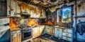 Severe Grease Fire Damages Kitchen Sooty Walls Charred Cabinets and the Complex Aftermath of a Kitchen Fire Royalty Free Stock Photo