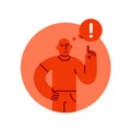 Severe man with a raised finger up with exclamation mark in speech bubble, concept of danger and warning, red color simple flat Royalty Free Stock Photo