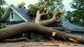 Severe Storm Damage with Uprooted Tree and Collapsed Rooftop House After Earthquake Devastation Royalty Free Stock Photo